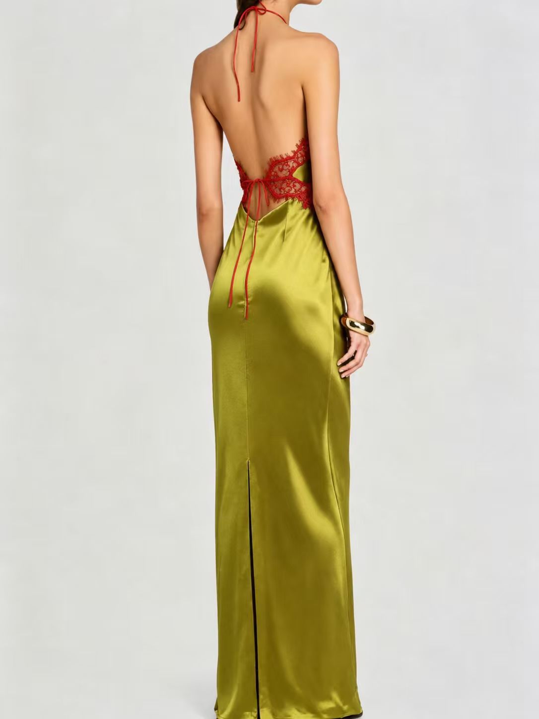 Satin Lace Trim Halter Neck Bias Cut Maxi Slip Dress 3