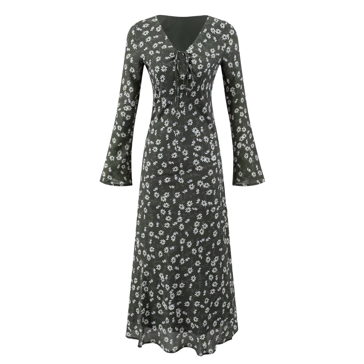 Summer V neck French Print Slim Fit Maxi Dress Tea Dress Women Long Sleeved Dress