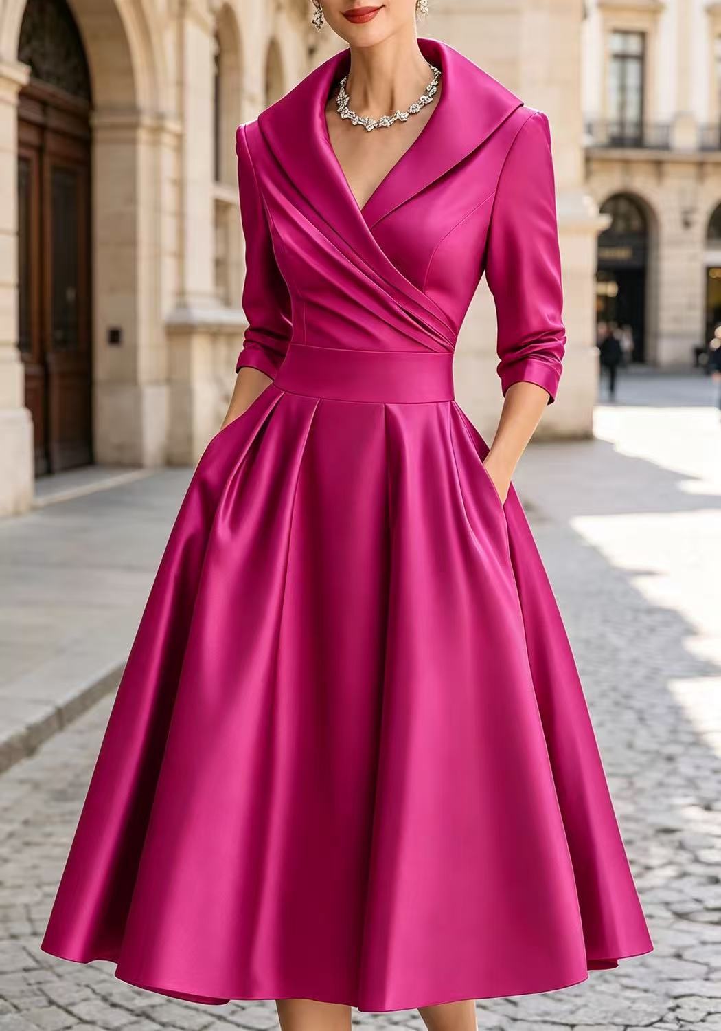Women Wear Autumn Winter Solid Color Glossy Elegant Long Sleeve Big Hem Women Dress