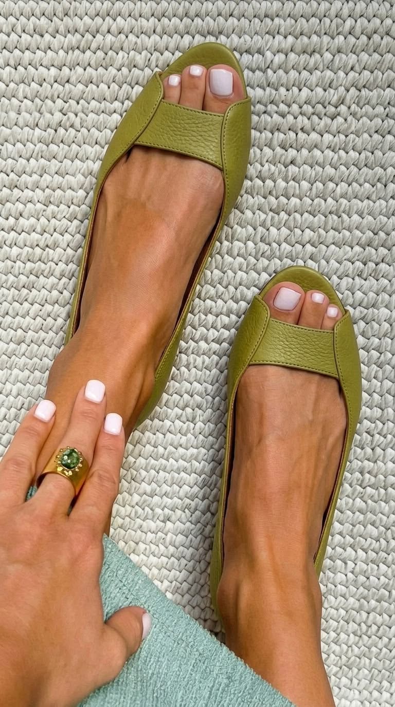 Metallic Peep Toe Slip On Ballet Flats