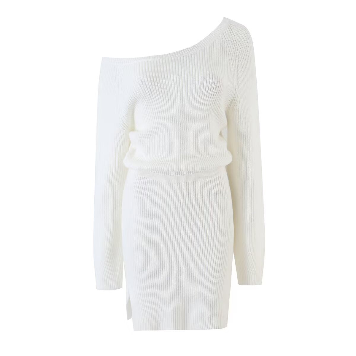 Elegant Sexy Slant Shoulder Waist Split Woolen Women Autumn Sexy off Shoulder Sheath Dress