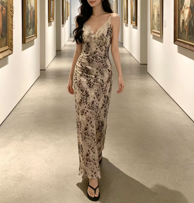 Spring Summer Lace Leopard Print Printed V neck Dress Women Sexy Slimming Beam Waist Strap Dress