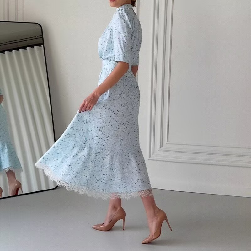 Women Retro Gentle Floral Elegant Tight Waist Slimming V Neckline Short Sleeve Slim Dress