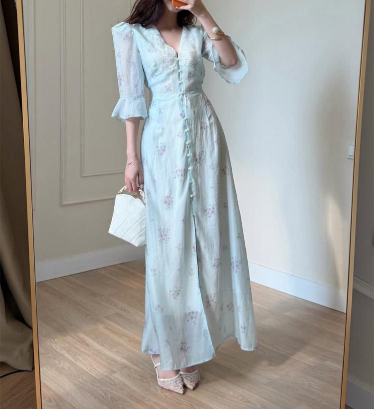 Women Slim Lace Stitching V neck Printed Short Sleeve Dress