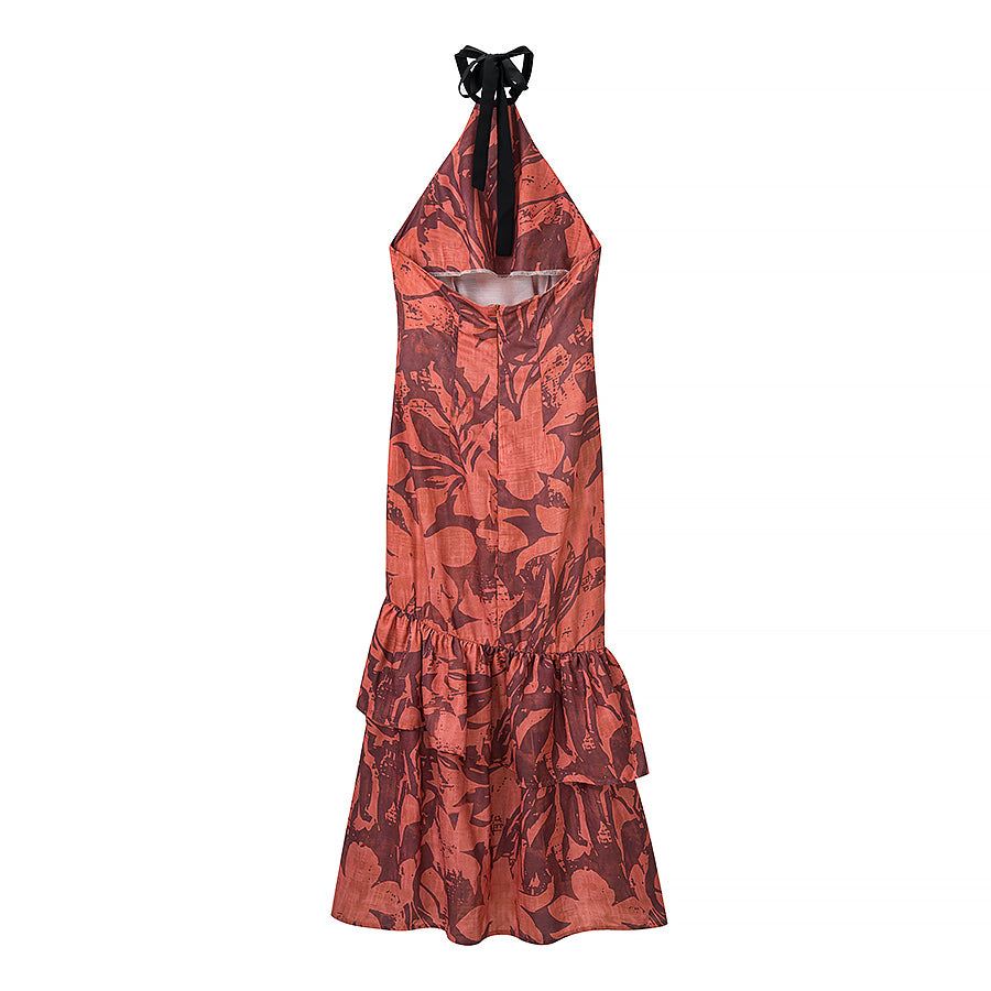 Women Clothing Fall Slim Fit Slimming Color Matching Halter Dress