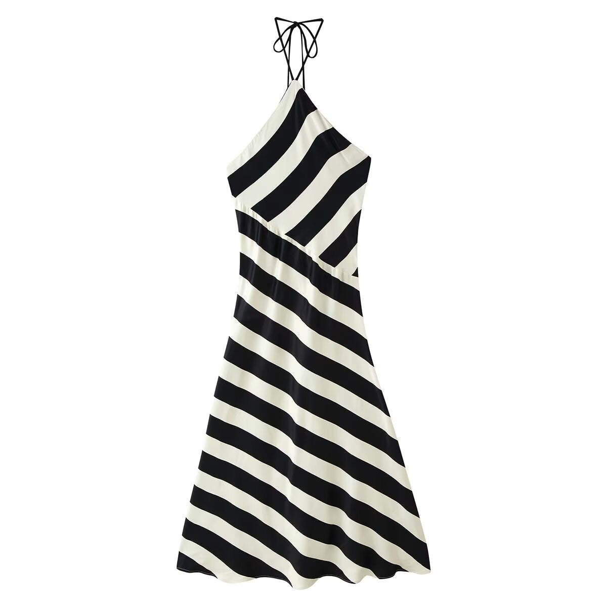 Early Autumn Women Clothing Elegant Backless Striped Hanging Collar Backless Midi Dress
