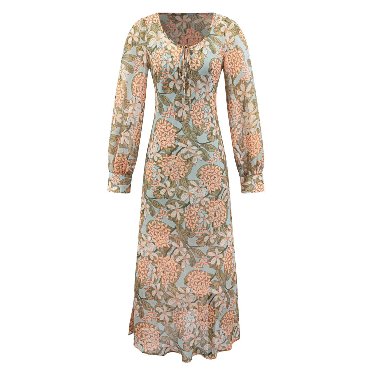 V neck Chic Lantern Sleeve Maxi Dress Vintage Printed Chiffon Dress