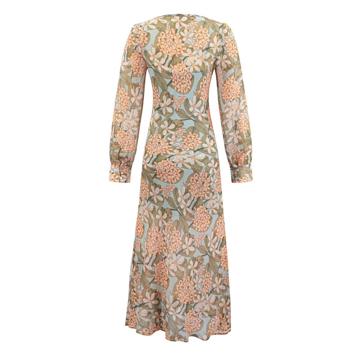 V neck Chic Lantern Sleeve Maxi Dress Vintage Printed Chiffon Dress