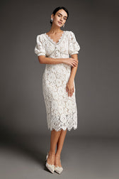 White Lace Overlay V-Neck Rhinestone Detail Midi Dress - View 5