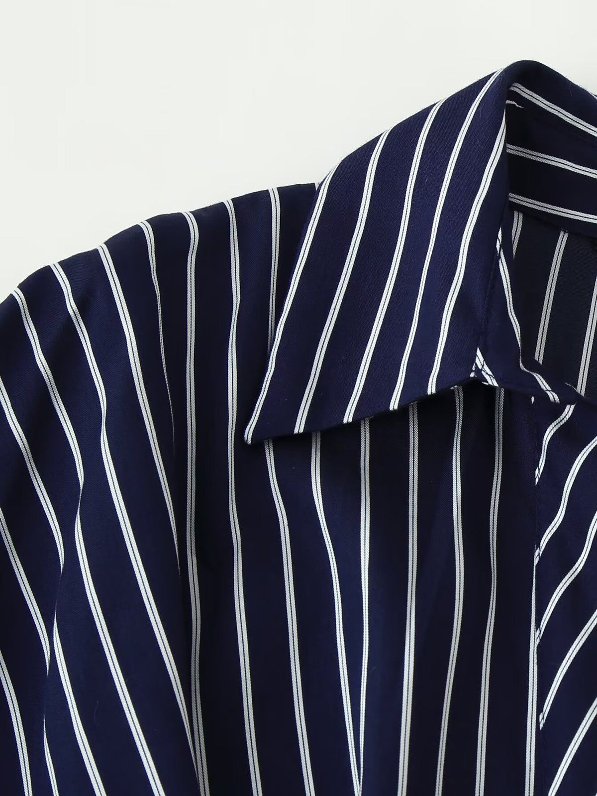 Women Clothing Autumn Winter Graceful Half Sleeve Polo Collar Stripes Belt Dress