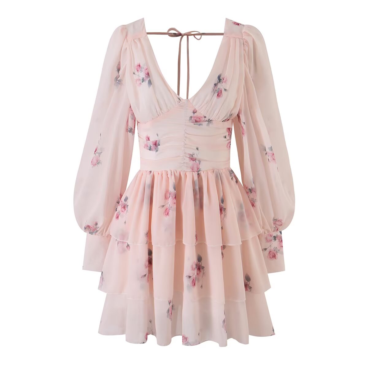 Women Fashionable Fashionable Printed V neck Lantern Sleeve Waist Dress