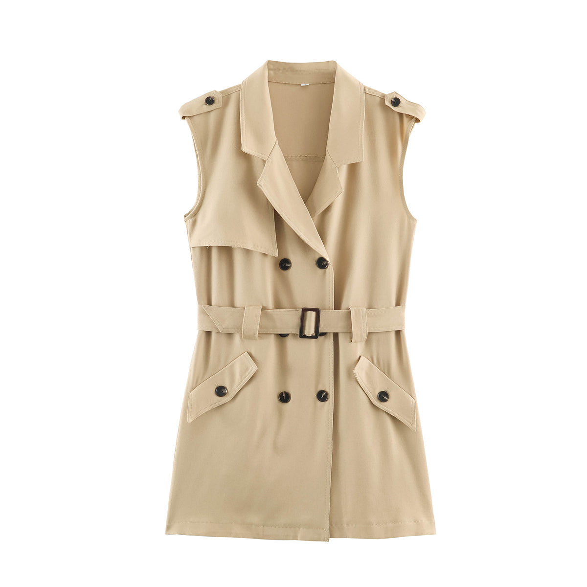 Autumn Women Clothing High Grade Collared Sleeveless Double Breasted Waistband Dress