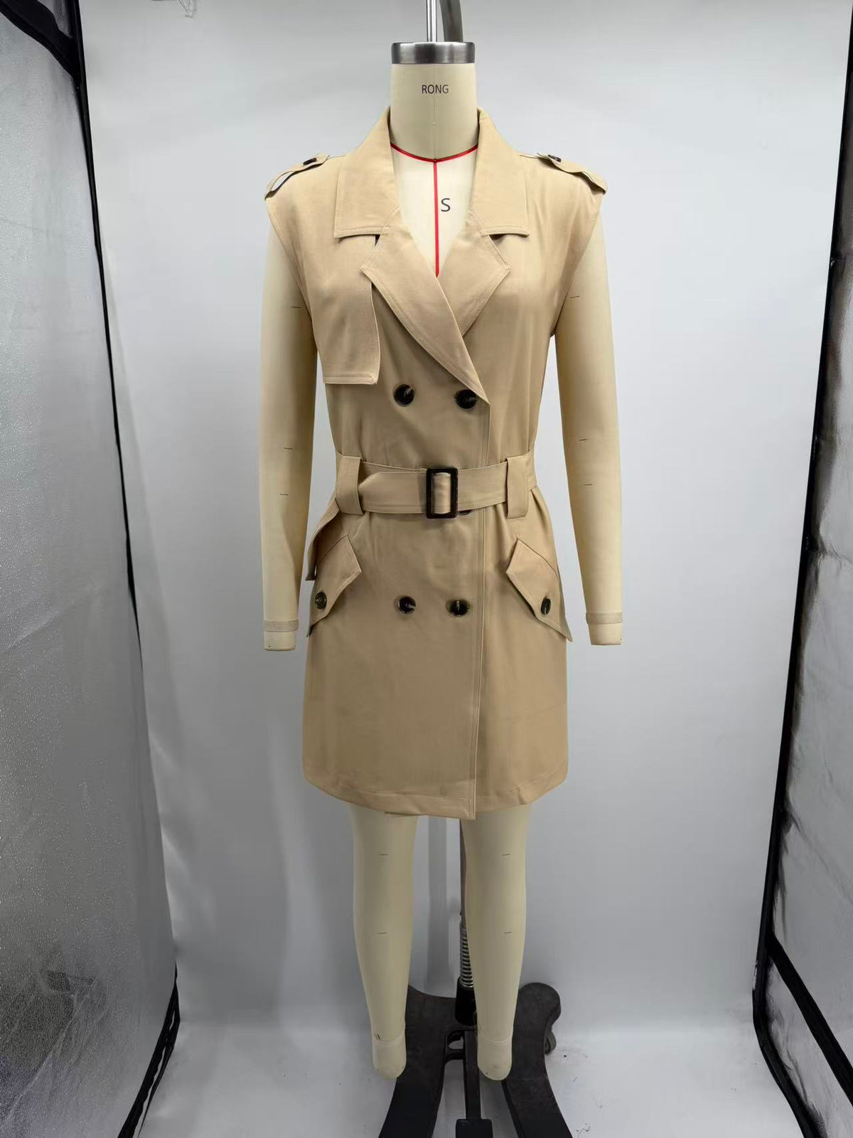 Autumn Women Clothing High Grade Collared Sleeveless Double Breasted Waistband Dress