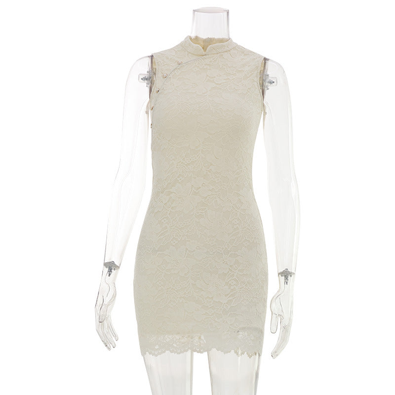 French Apricot Lace Sleeveless Vest Dress Women Clothing Summer Waist Controlled Slim Fit Hip Dress