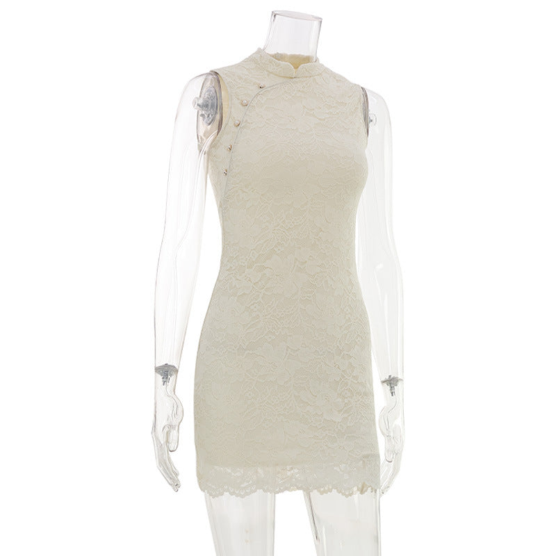 French Apricot Lace Sleeveless Vest Dress Women Clothing Summer Waist Controlled Slim Fit Hip Dress