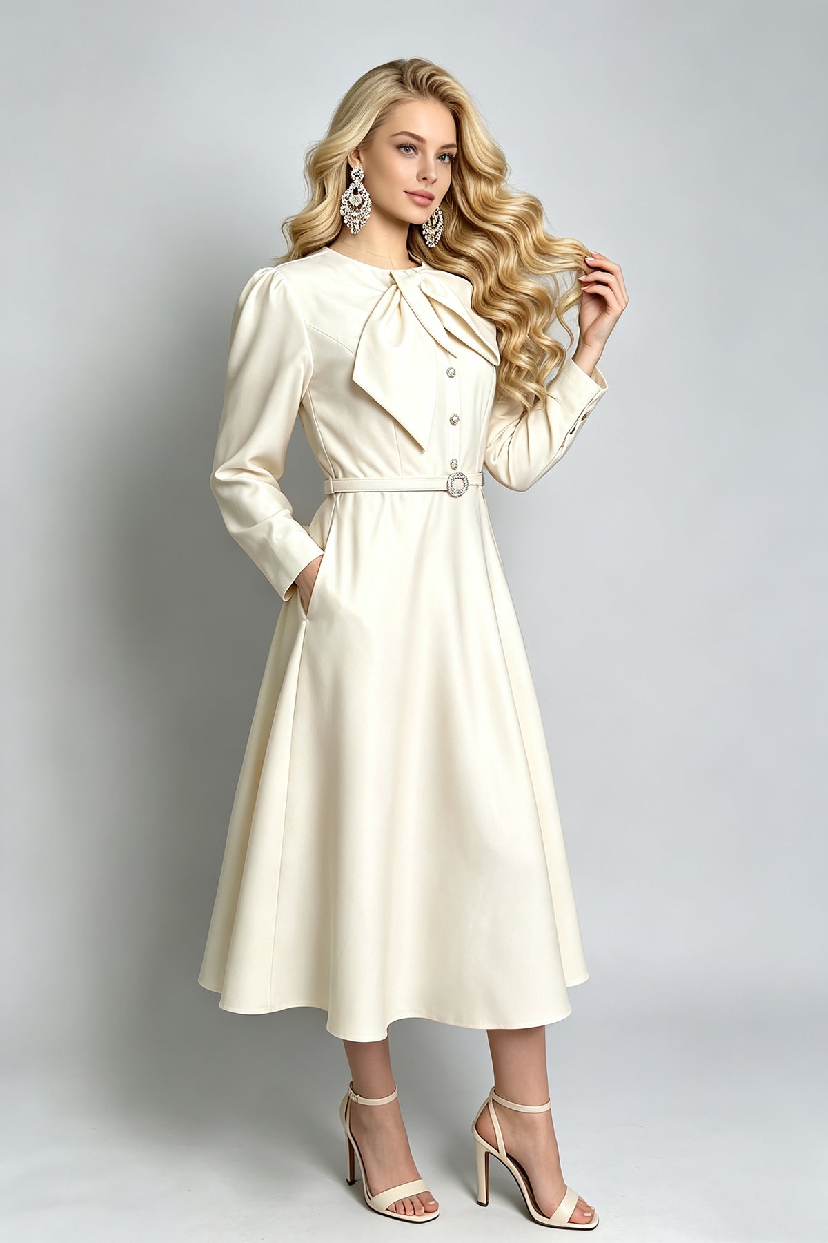 Women Spring Autumn Solid Color Long Sleeved A Line Dress