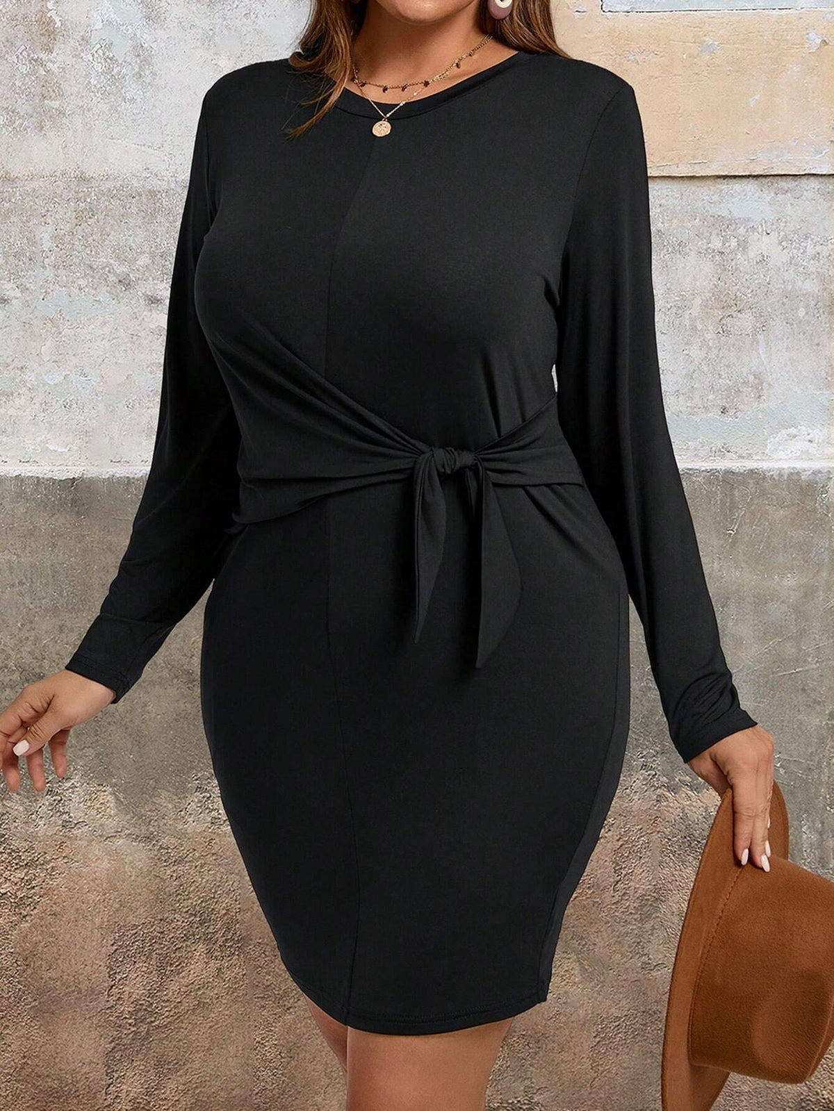 Plus Size Women Clothes round Neck Long Sleeved Waist Lace up Waist Controlled Slimming Hip Dress