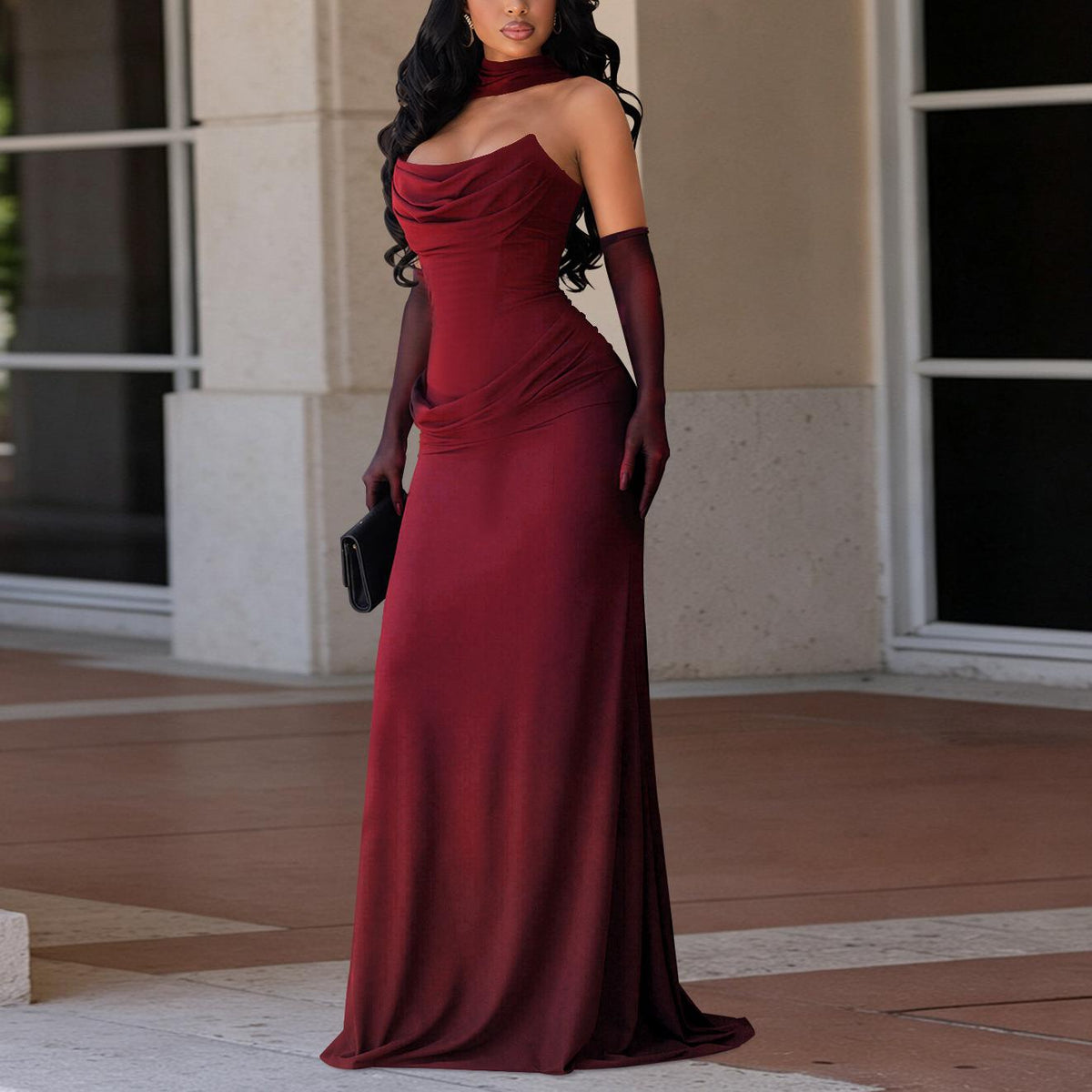 Women Tube Top Elegant Pile Collar Pleated Waist Tight Fishtail Dress