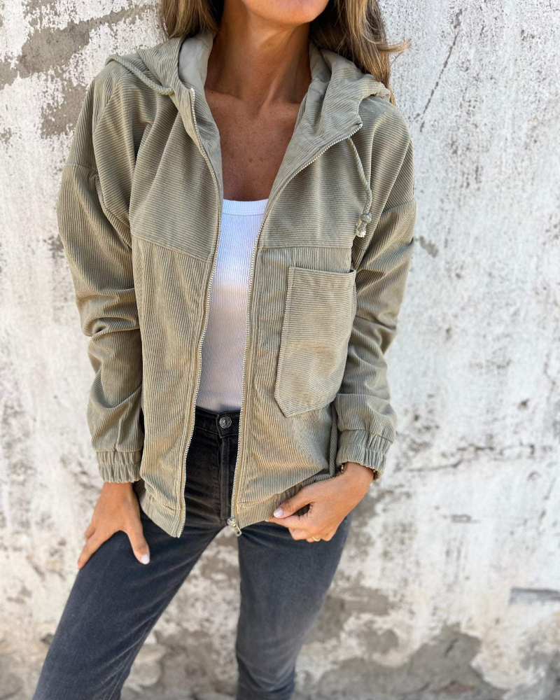 Hooded Zip Front Ribbed Corduroy Jacket