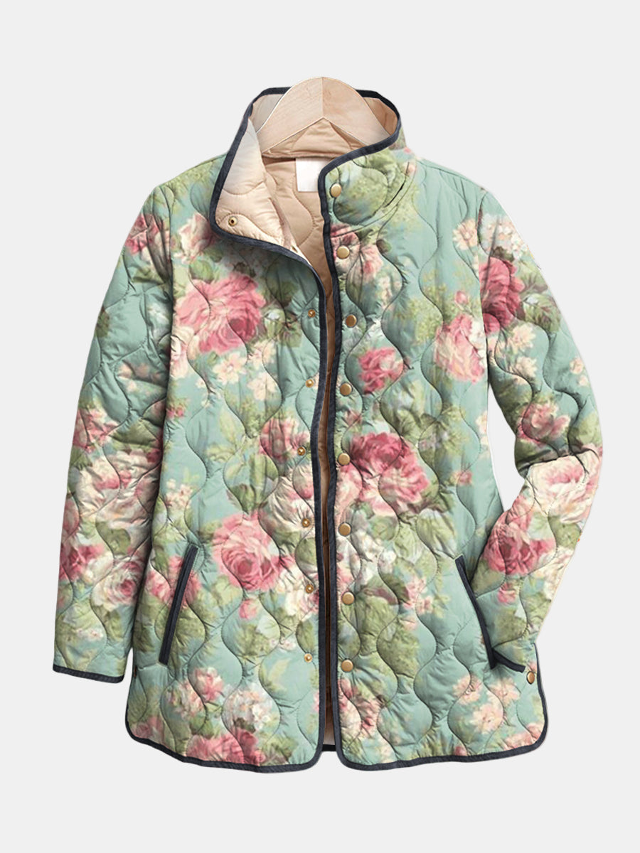Floral Print Quilted Stand Collar Jacket