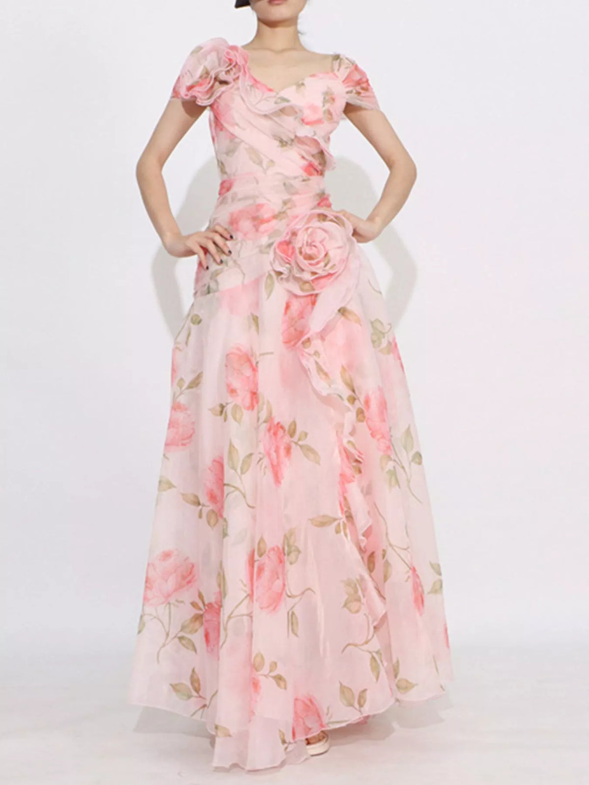 Floral Chiffon Rosette Ruffle Cap Sleeve Maxi Dress 5