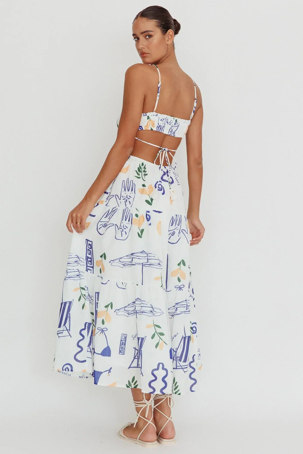 Abstract Print Shirred Bodice Cut Out Back Tie Front Tiered Maxi Dress 2