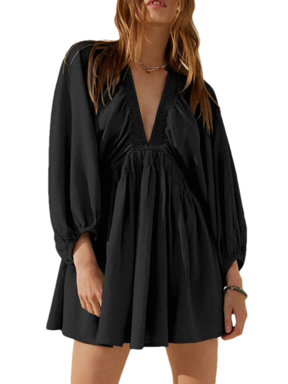Textured Deep V-Neck Balloon Sleeve Smocked Waist Swing Mini Dress 5