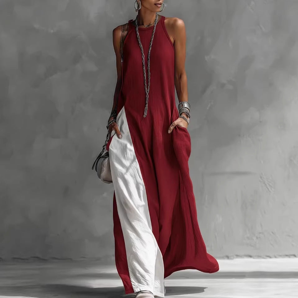 Sleeveless Crew Neck Color Block Panel Maxi Dress