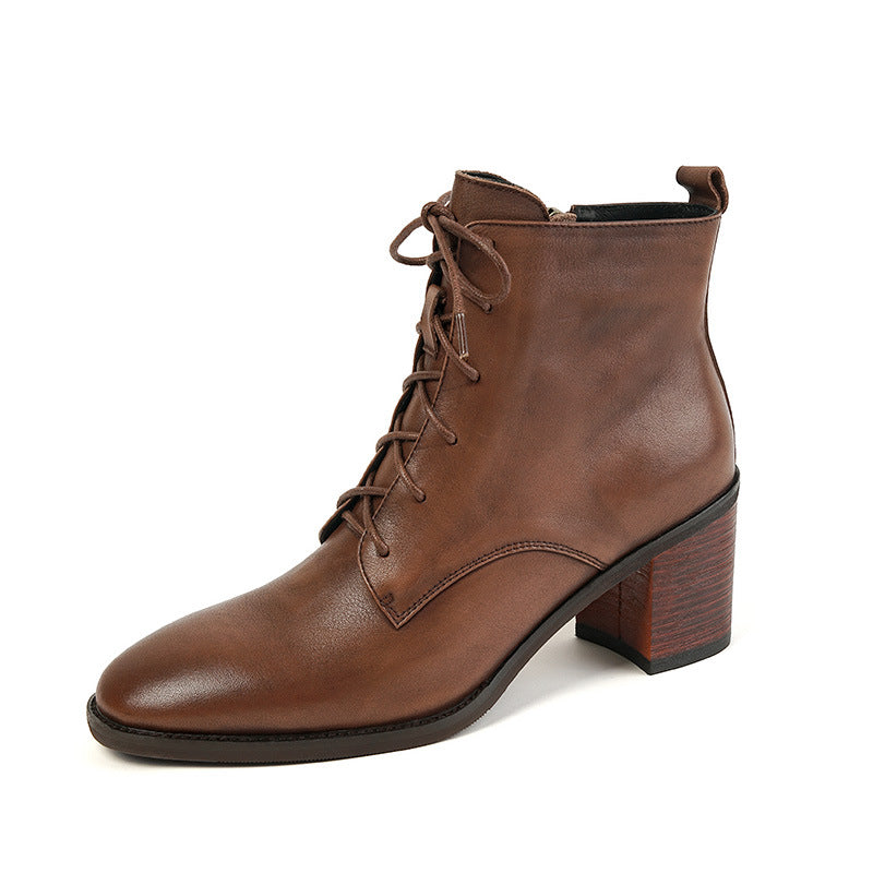 High Heel Boots Side Zip Cowhide Leather Ankle Boots Soft Walking Short Boots Brown/Black