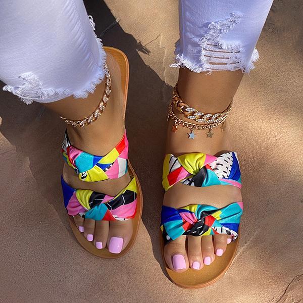 Cross Strap Bow Rugged Sole Slippers