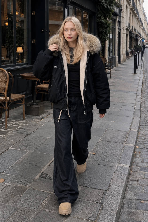 Black Short Puffer Fur Collar Jacket