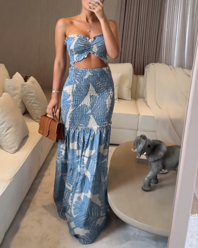 Strapless Cut Out Shirred Mermaid Maxi Dress