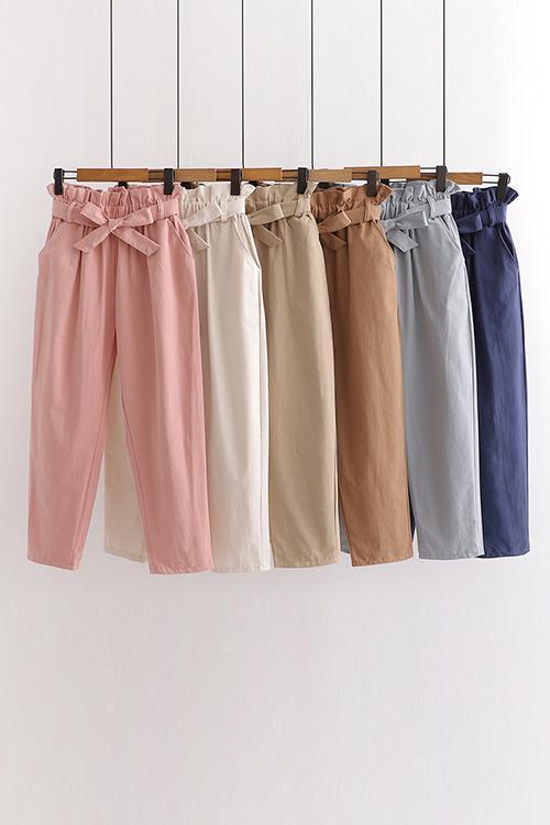 Pockets Belted Straight-leg Pants