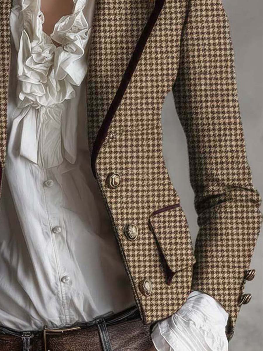 Houndstooth Notch Lapel Tweed Blazer