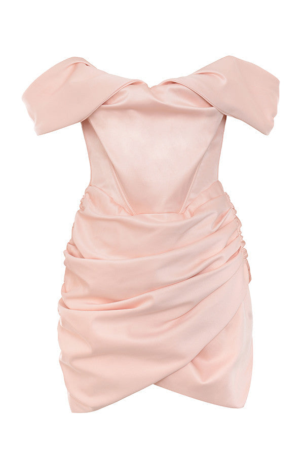 Off Shoulder Satin Corset Bodice Draped Wrap Hem Mini Dress 27