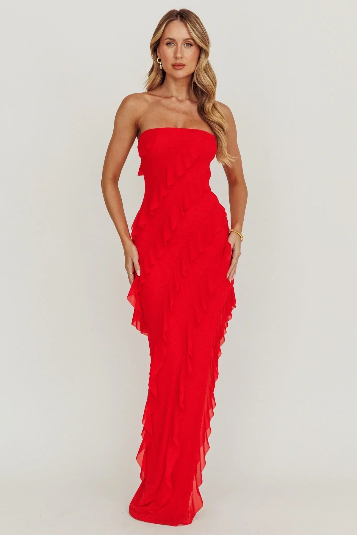 Just Friends Strapless Ruffle Maxi Dress Red