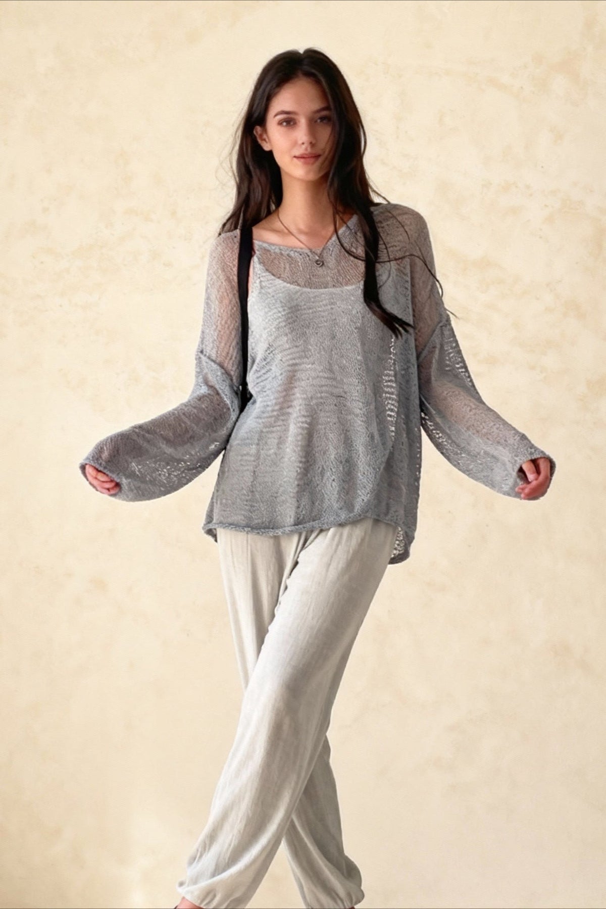 Sheer Open Knit Round Neck Long Sleeve Oversized Sweater
