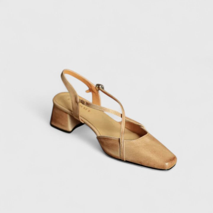 Square Toe Slingback Cross Strap Block Heel Pumps