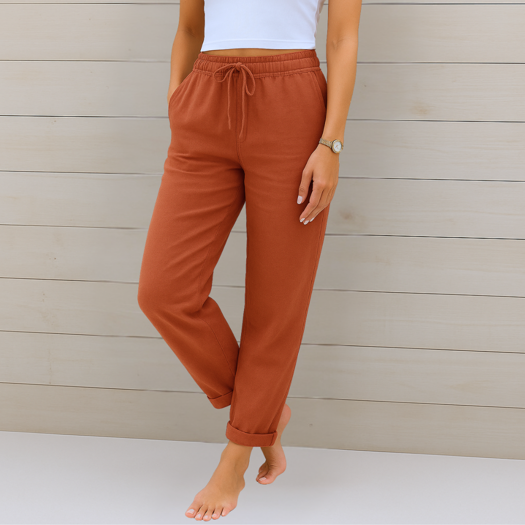High Waist Drawstring Linen Look Tapered Pants