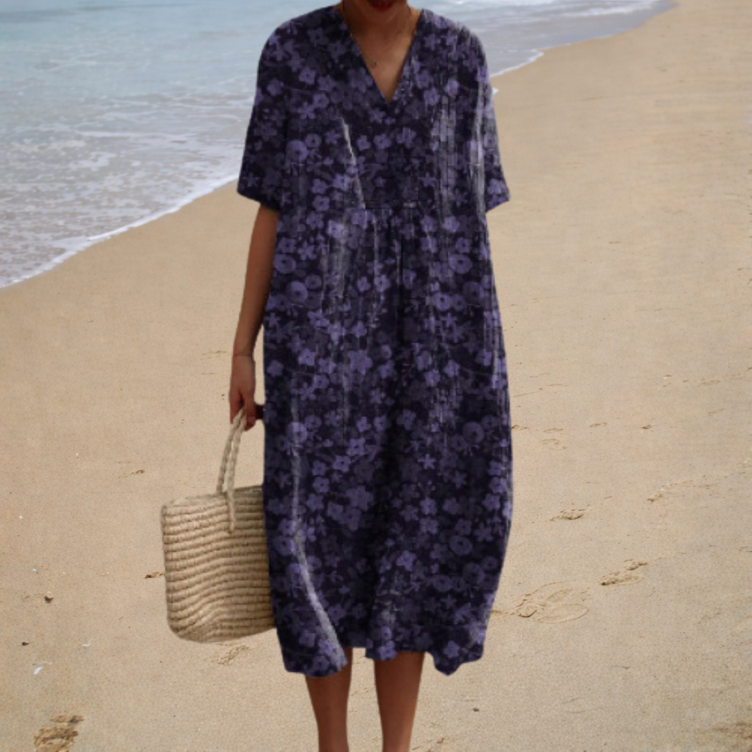 Floral V-Neck Short Sleeve Pleated Midi Dress Summer 3