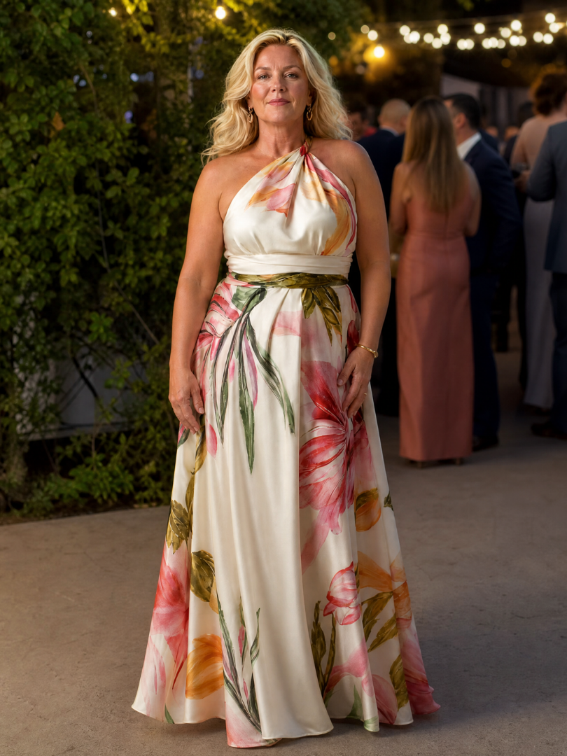Floral Halter Neck One Shoulder Satin Maxi Dress