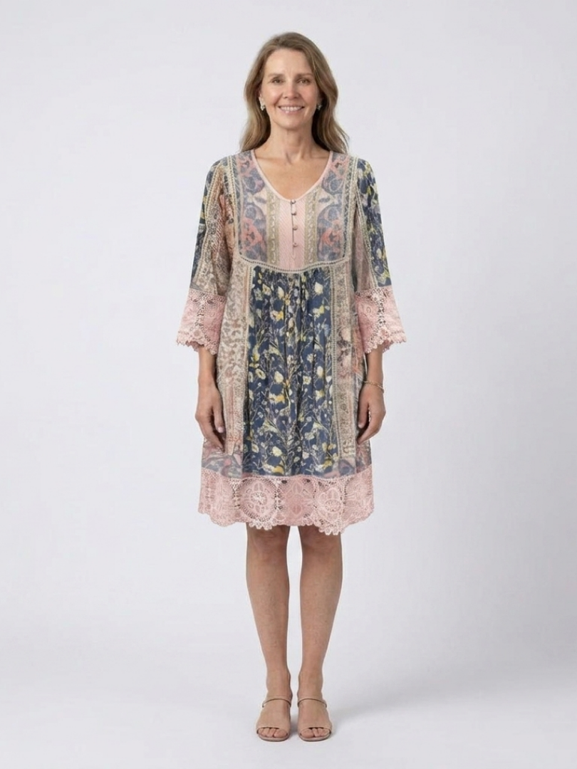 Boho Patchwork Print Lace Trim Bell Sleeve Tunic Dress
