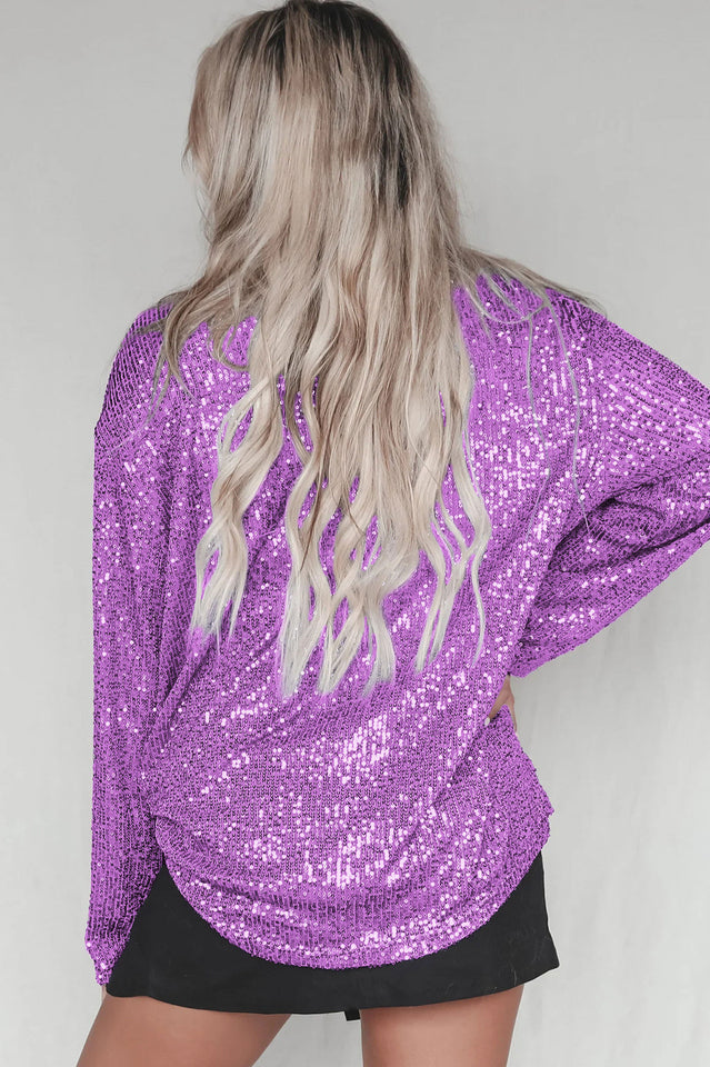 Sequin Collared V-Neck Long Sleeve Oversized Button Front Shirt 13