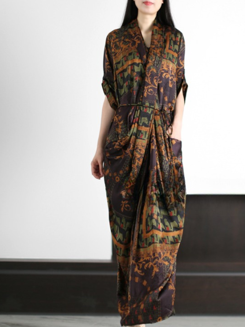 Geometric Print V-Neck Short Sleeve Draped Tie Waist Maxi Dress 4