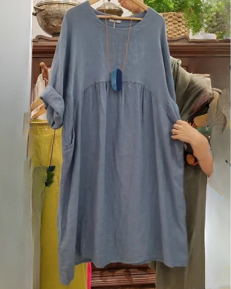 Linen Look Round Neck 3/4 Sleeve Loose Midi Dress 2