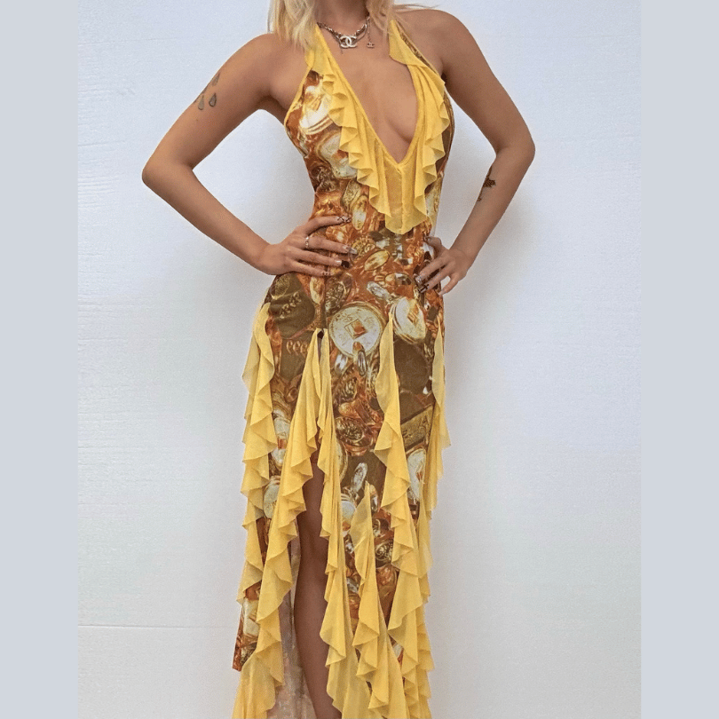 Halter Neck Deep V-Neck Ruffle Mesh Maxi Dress
