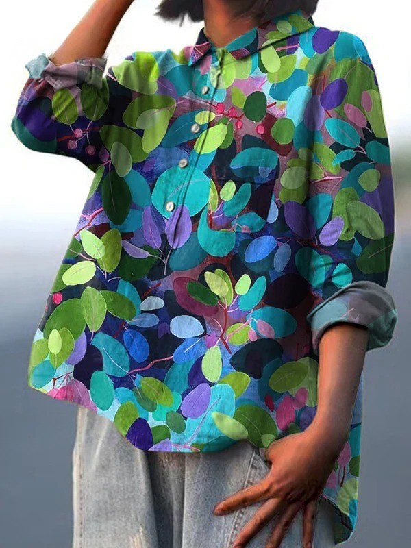 Leaf Print Long Sleeve Button Front High Low Blouse