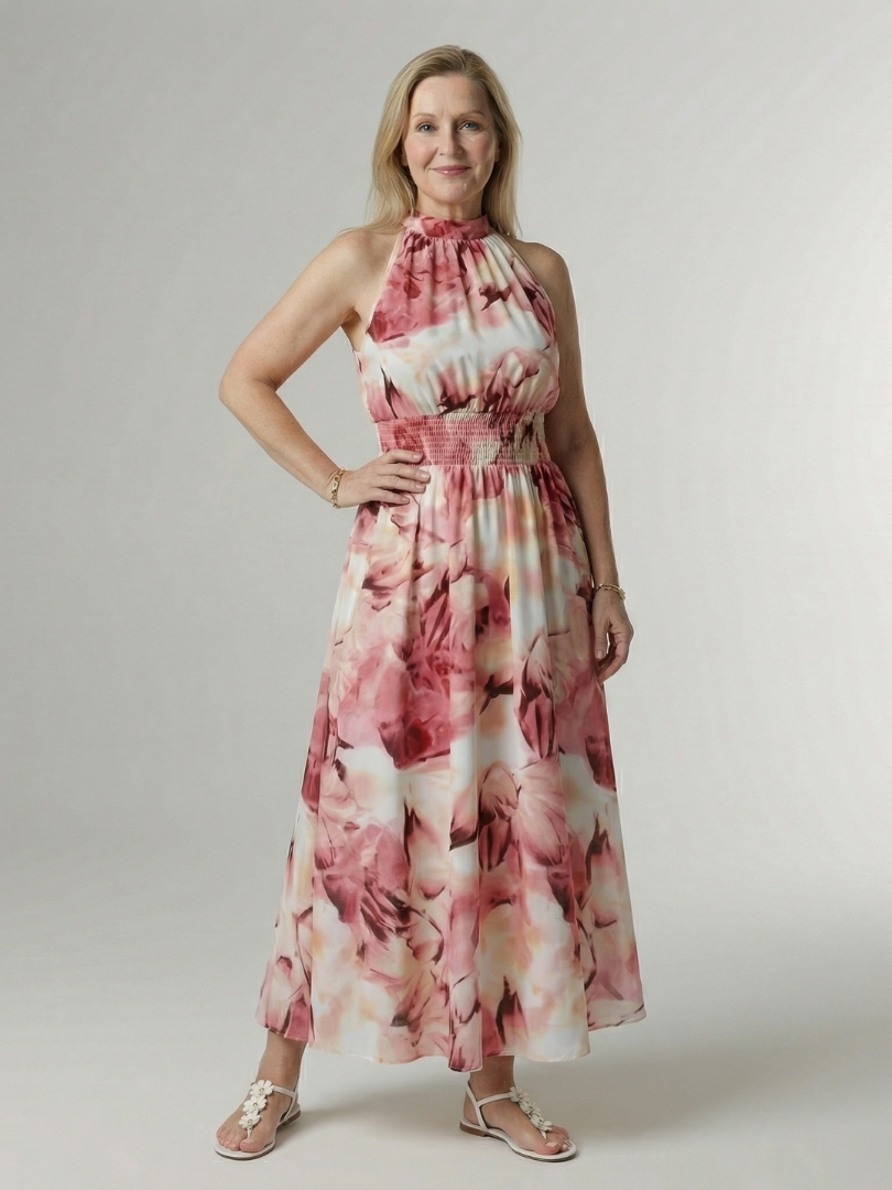 Halter Neck Sleeveless Tie Dye Smocked Waist Maxi Dress