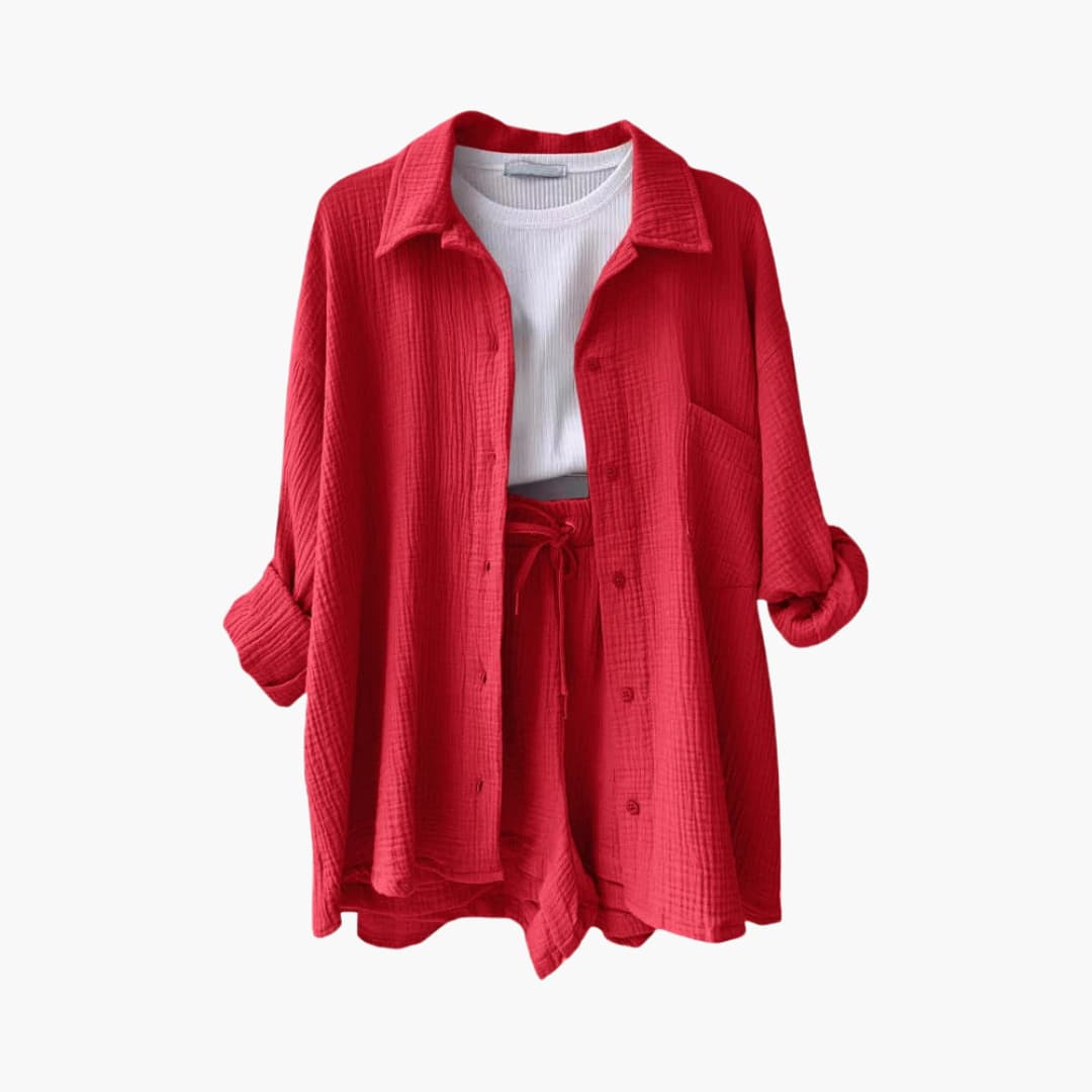 Button Front Shirt and Drawstring Shorts Two Piece Set