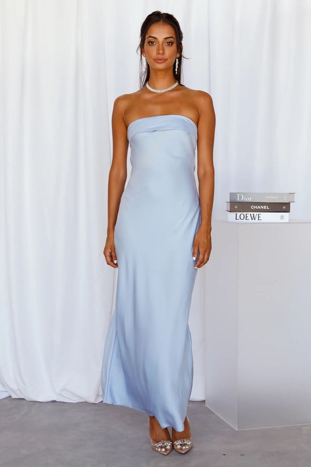Strapless Satin Straight Neck Column Midi Dress 11